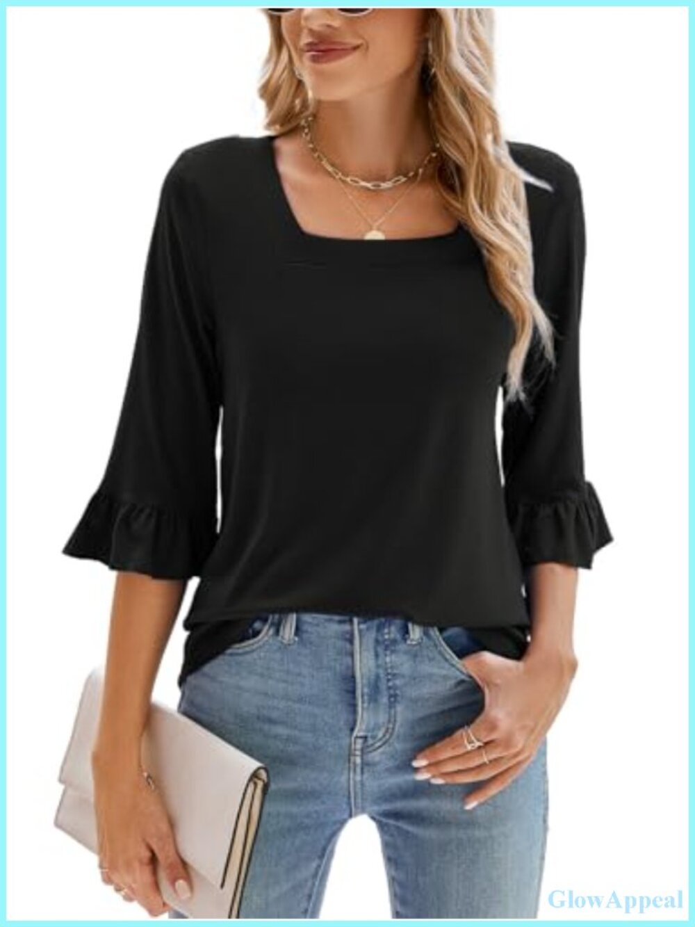 Women's Square Neck Ruffle Sleeve Tunic Top 3/4 Sleeve Loose Fit Blouse